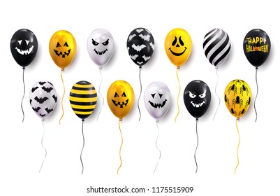 Happy Halloween. Holiday concept set of with holiday colorful balloons, for banner, poster, greeting card, party invitation. Vector illustration. Isolated on white background.