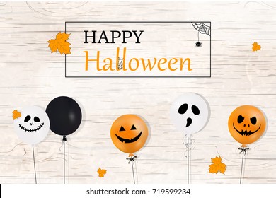 Happy Halloween. Holiday concept with white, orange, black  balloons, falling  leaves, spider web for banner, poster, greeting card, party invitation. wooden background. vector cartoon  illustration.