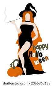 Happy Halloween. Holiday concept. Young smoking witch with a pumpkin. Vector isolated illustration with lettering.