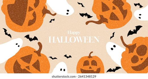 Happy Halloween holiday cover. Trendy vector banner with hand-drawn pumpkins, ghosts, bats. Cartoon Halloween gift card. Flat background for decoration cover, poster, card,  social media, event.