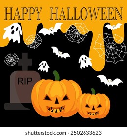 Happy Halloween holiday with cute pumpkin and ghost, bat, grave and spider web on black background. Flat vector illustration. Cartoon character costume design.