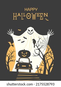 Happy Halloween holiday fancy minimalist vector poster. Cute scary spooky sign pumpkin, ghost, bats illustration. Black orange color Halloween greeting card. 31 October celebration banner background