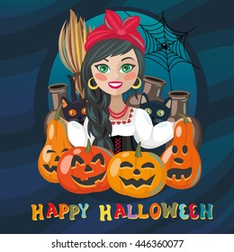 Happy halloween holiday fancy poster with pumpkins and witch named Solokha