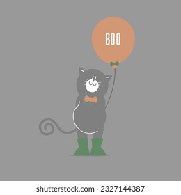 happy halloween holiday festival with black cat and boo balloon, flat vector illustration cartoon character design