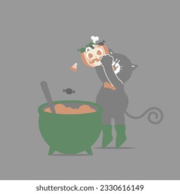 happy halloween holiday festival with black cat and cauldron with pumpkin and candy, flat vector illustration cartoon character design