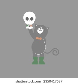 happy halloween holiday festival with black cat, skull and candy, flat vector illustration cartoon character design