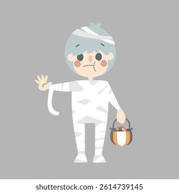 happy halloween holiday festival with boy wearing mummy costume holding pumpkin basket with candy, flat vector illustration cartoon character design