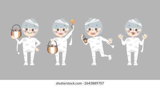 happy halloween holiday festival with boy wearing mummy costume holding pumpkin basket with candy set, flat vector illustration cartoon character design