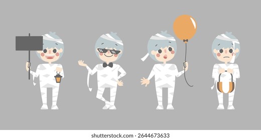 happy halloween holiday festival with boy wearing mummy costume holding pumpkin basket with candy set, flat vector illustration cartoon character design