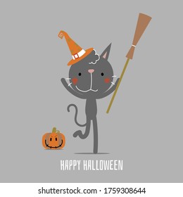 happy halloween holiday festival with cat holding broom and pumpkin, flat vector illustration cartoon character design