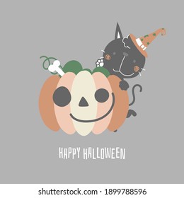 happy halloween holiday festival with cat and pumpkin, flat vector illustration cartoon character design