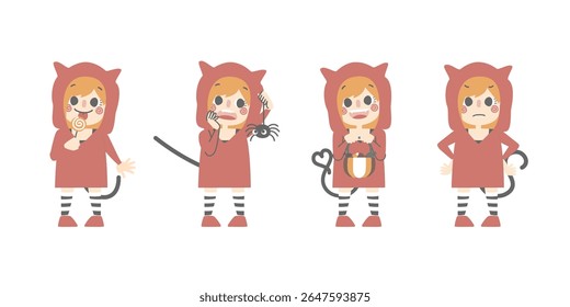 happy halloween holiday festival with character set of  girls wearing cat costume, flat vector illustration cartoon character design
