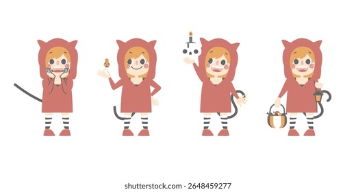 happy halloween holiday festival with character set of girls wearing cat costume, flat vector illustration cartoon character design