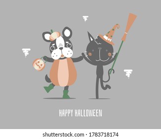 happy halloween holiday festival with cute french bulldog pug and pumpkin and cat holding broom, flat vector illustration cartoon character design