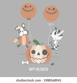 happy halloween holiday festival with cute french bulldog pug, mummy cat and pumpkin, flat vector illustration cartoon character design
