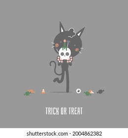 happy halloween holiday festival with cute cat and skull, flat vector illustration cartoon character design