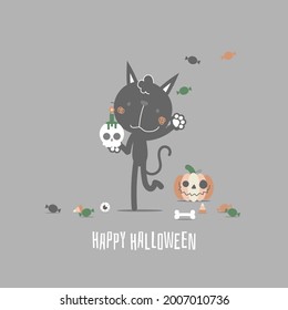 happy halloween holiday festival with cute cat and skull, flat vector illustration cartoon character design