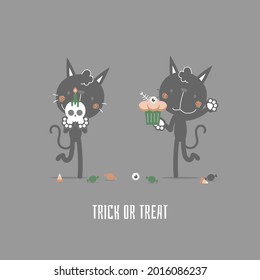 happy halloween holiday festival with cute cat and skull and eyeball cupcake, flat vector illustration cartoon character design