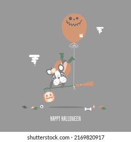 happy halloween holiday festival with cute french bulldog pug and pumpkin and broom, flat vector illustration cartoon character design