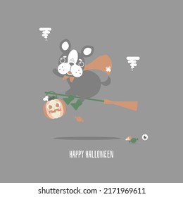 happy halloween holiday festival with cute french bulldog pug and pumpkin and broom, flat vector illustration cartoon character design
