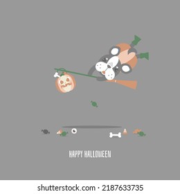 happy halloween holiday festival with cute french bulldog pug and pumpkin and broom, flat vector illustration cartoon character design
