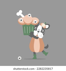 happy halloween holiday festival with cute dog and cupcake, flat vector illustration cartoon character design