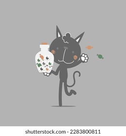 happy halloween holiday festival with cute black cat and jar of eyeball and candy, flat vector illustration cartoon character design