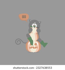happy halloween holiday festival with cute black cat, pumpkin, and candy, flat vector illustration cartoon character design