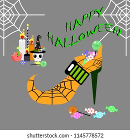 happy halloween holiday festival greeting card poster with high heel shoes,candy,spider web,skull,hat,candle,poison apple in grey background,isolated,flat vector illustration cartoon design