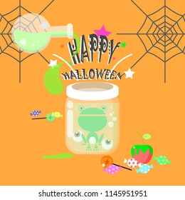 happy halloween holiday festival greeting card with frog and the eyeball in the bottle,poison apple,candy,spider web, and flask in orange background,isolated,flat vector illustration cartoon design
