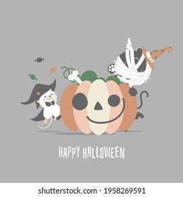 happy halloween holiday festival with mummy cat, mouse and pumpkin, flat vector illustration cartoon character design