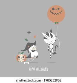happy halloween holiday festival with mummy cat, mouse and pumpkin, flat vector illustration cartoon character design