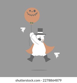 happy halloween holiday festival with polar bear and balloon, flat vector illustration cartoon character design