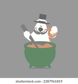 happy halloween holiday festival with polar bear and cauldron with magic potion, flat vector illustration cartoon character design