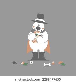 happy halloween holiday festival with polar bear and pumpkin and candy, flat vector illustration cartoon character design