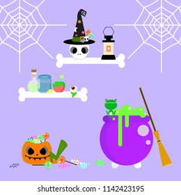 happy halloween holiday festival with shelf,pumpkin,lantern,bone,poison apple,candy,eyeball,hat,frog,broom,spider web in purple background,flat vector illustration cartoon character design set