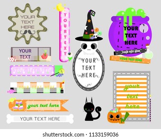 happy halloween holiday festival speech bubble balloon think,speak,talk,template,art,flat,design,vector,illustration text box banner frame set with black cat,pumpkin,skull,hat,eyeball,apple,candy,sock