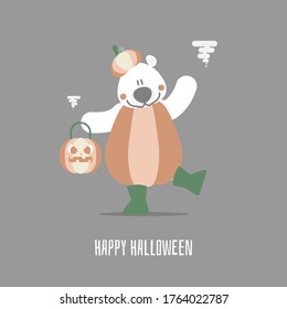 happy halloween holiday festival with teddy bear and pumpkin, flat vector illustration cartoon character design