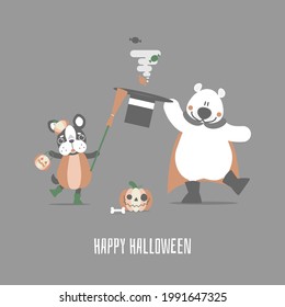 happy halloween holiday festival with teddy bear and pumpkin and dog holding broom, flat vector illustration cartoon character design