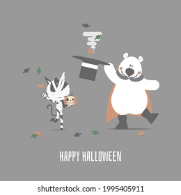 happy halloween holiday festival with teddy bear and mummy cat, flat vector illustration cartoon character design