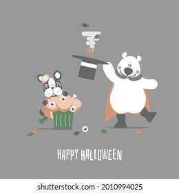 happy halloween holiday festival with teddy bear and cute dog and eyeball cupcake, flat vector illustration cartoon character design
