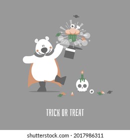 happy halloween holiday festival with teddy bear and cupcake and skull, flat vector illustration cartoon character design