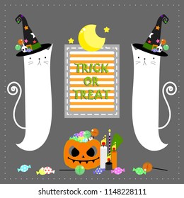 happy halloween holiday festival with white cat ghost,hat,moon,star,pumpkin,candy,lollipop,candle in gray background,flat vector illustration cartoon character costume design isolated