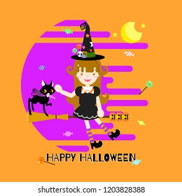 happy halloween holiday festival with the witch girl and broom,black cat,pumpkin,candy,background,flat vector illustration cartoon character costume logo label icon sticker
