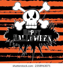 Happy Halloween Holiday flyer pattern greeting, invitation, card, template, background, poster, card -  skull and crossbones on a background of barbed wire