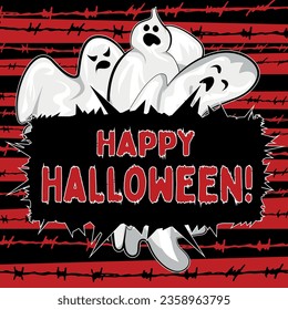 Happy Halloween Holiday flyer pattern greeting, invitation, card, template, background, poster, card - Ghosts on a background of barbed wire