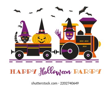 Happy Halloween holiday fun train party vector poster. Cute comic spooky pumpkin, black cat in wagon, scary skull cartoon. Horror night fun event invitation illustration. Halloween holiday greeting