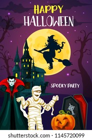 Happy Halloween holiday greeting banner with autumn horror party monster. Scary pumpkin lantern, witch and full moon, evil mummy, vampire and spooky castle festive card design