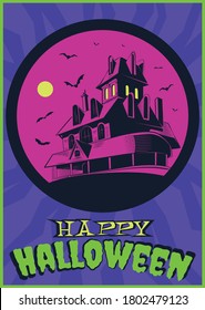 Happy Halloween Holiday Greeting Card, Retro Haunted Mansion, Bats, Full Moon. Psychedelic Colors 1960s Style Background