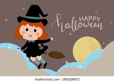 Happy halloween holiday greeting card. Cute witch ride a broomstick flying to the moon and little ghost. Horror night with star.